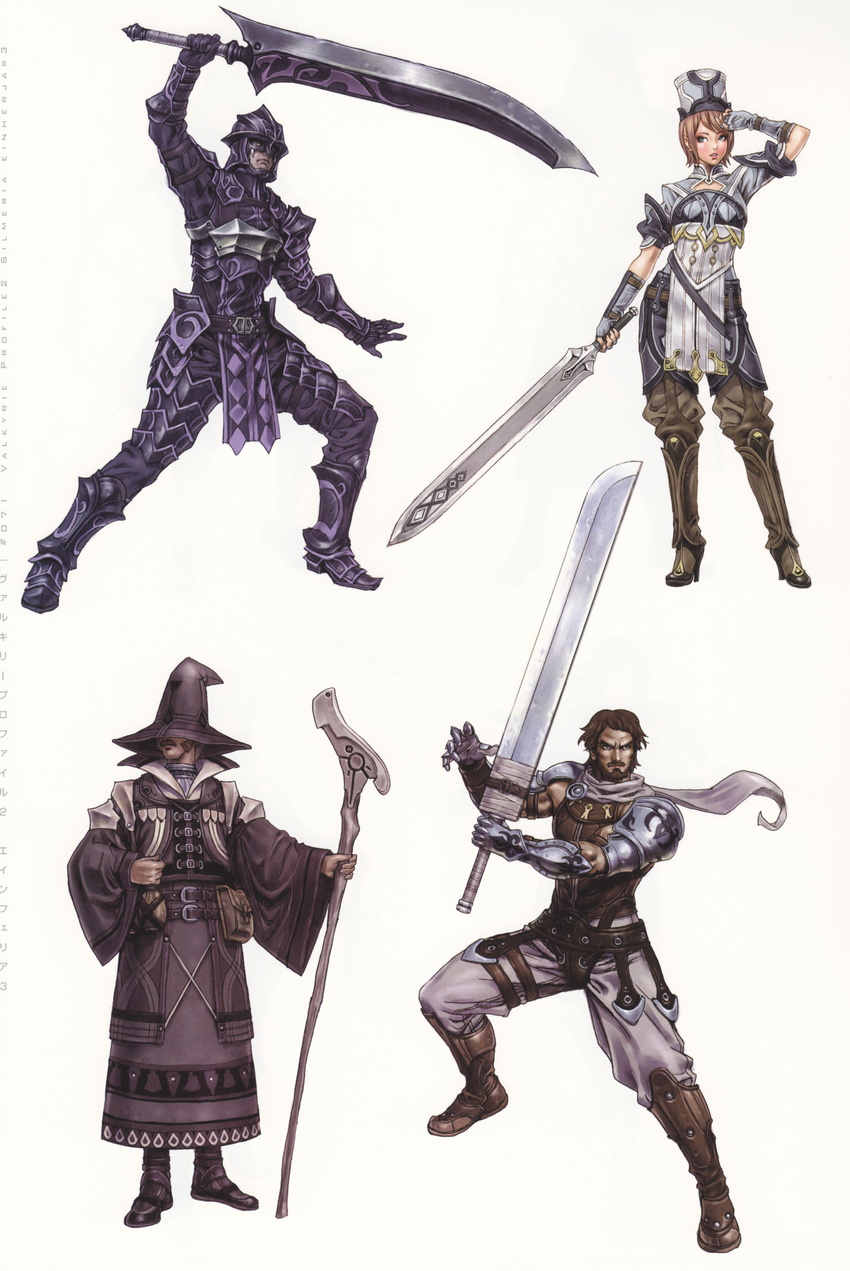 3boys absurdres adonis_(valkyrie_profile) aqua_eyes arm_up armor armored_boots bandages beard belt belt_pouch boots breastplate breasts buckle closed_mouth contrapposto copyright_name covered_eyes elbow_gloves facial_hair faulds fighting_stance fingerless_gloves full_armor full_body garter_straps gauntlets gloves greaves grey_hair guilm_(valkyrie_profile) hand_up hat hat_over_eyes helm helmet high_collar high_heels highres hips holding holding_weapon huge_weapon knee_boots legs_apart legs_together lips lipstick looking_away makeup mithra_(valkyrie_profile) multiple_belts multiple_boys mustache official_art pants parted_lips pauldrons pelvic_curtain pouch robe scan scarf serious short_hair short_sleeves shoulder_armor sideburns sideways_glance simple_background small_breasts spaulders staff standing sword sylphide_(valkyrie_profile) turtleneck v-shaped_eyebrows valkyrie_profile valkyrie_profile_2 weapon white_background wide_sleeves wizard_hat yamashita_shun'ya