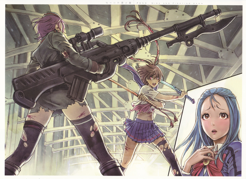 absurdres blood blue_hair brown_eyes brown_hair cuts dual_wielding gun hat highres holding injury kazusa_youko lips lipstick long_hair makeup midriff mishiro_akatsuki multiple_girls nida_schuetlitch purple_hair red_eyes shuraki skirt sword thighhighs torn_clothes torn_legwear uniform weapon yamashita_shun'ya