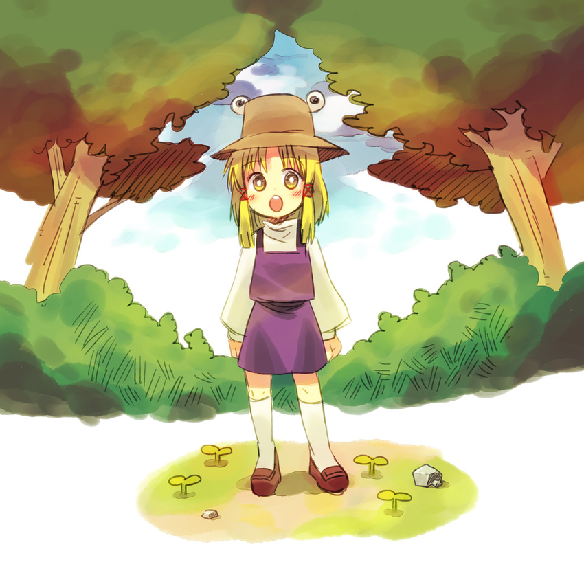 bad_id bad_pixiv_id blonde_hair blush day eyes frog hachi_(8bit_canvas) hat highres moriya_suwako nature open_mouth outdoors solo touhou yellow_eyes