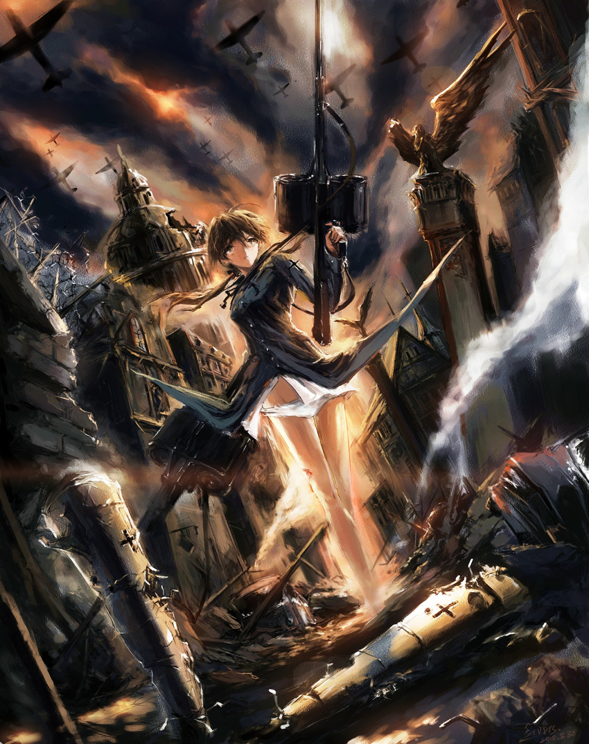 :&lt; aircraft airplane brown_eyes brown_hair building city cuts destruction drum_magazine dual_drum_magazine dual_wielding gertrud_barkhorn gun highres holding injury long_hair machine_gun mg42 military military_uniform panties ruins sky smoke solo strike_witches striker_unit stu_dts twintails underwear uniform weapon world_witches_series