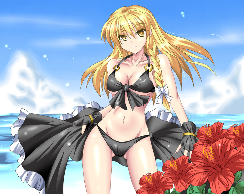 bikini blonde_hair braid breasts cleavage fingerless_gloves flower front-tie_top gloves groin hibiscus highres kirisame_marisa long_hair luna_(gunfire) medium_breasts o-ring o-ring_top skirt swimsuit touhou underboob water yellow_eyes