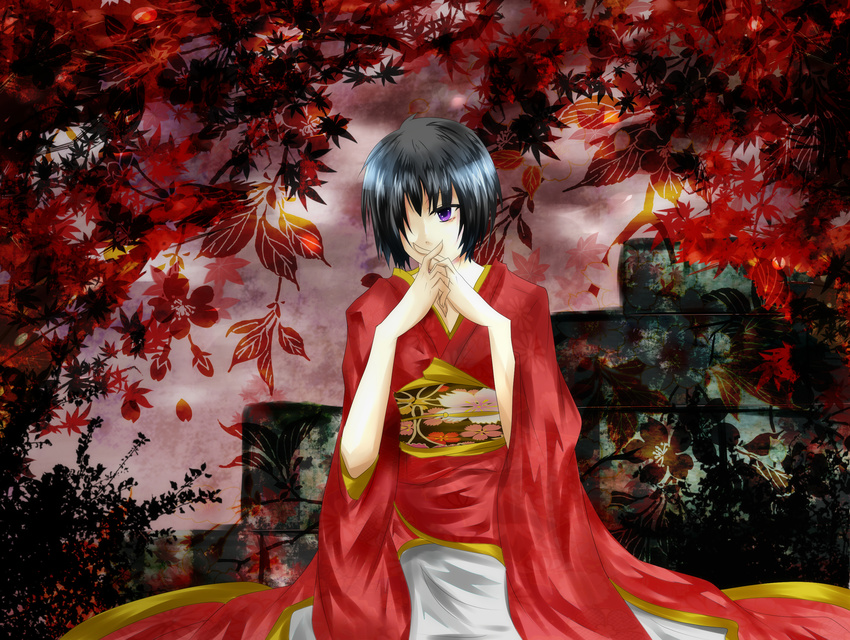 bad_id bad_pixiv_id black_hair fatal_frame fatal_frame_2 highres japanese_clothes kimono purple_eyes short_hair solo tachibana_chitose