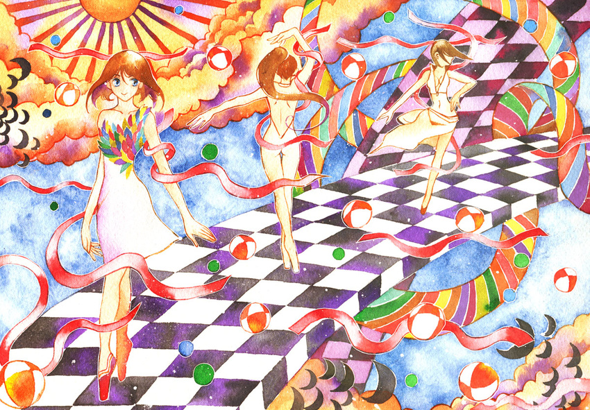 bad_id bad_pixiv_id checkered copyright_request multiple_girls muttiy sun traditional_media watercolor_(medium)