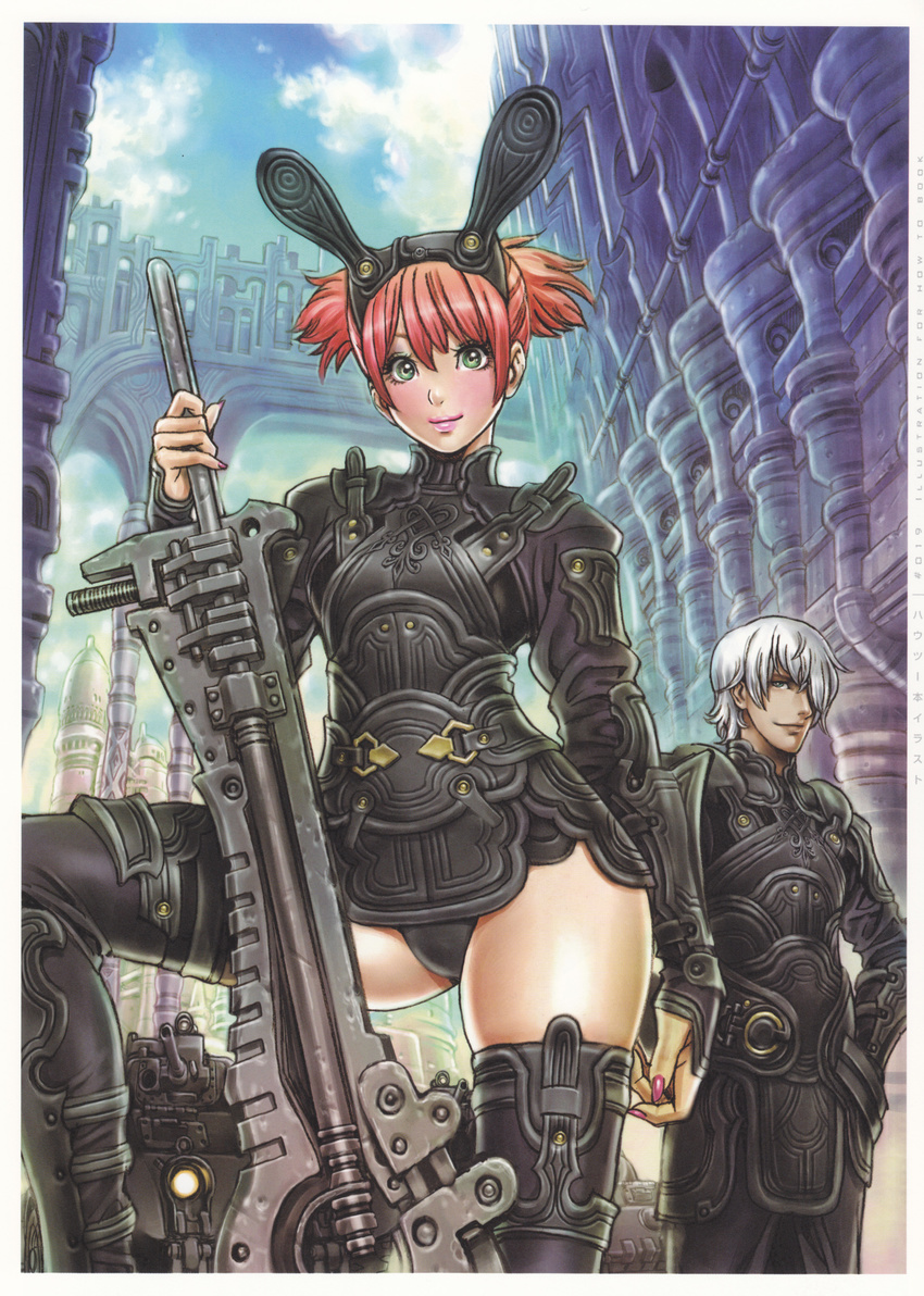 1girl absurdres armor blush bodysuit copyright_request day fingernails green_eyes ground_vehicle heart highres lips lipstick makeup military military_vehicle motor_vehicle nail_polish pink_nails red_hair science_fiction short_hair sky smile sword tank thighhighs weapon white_hair yamashita_shun'ya