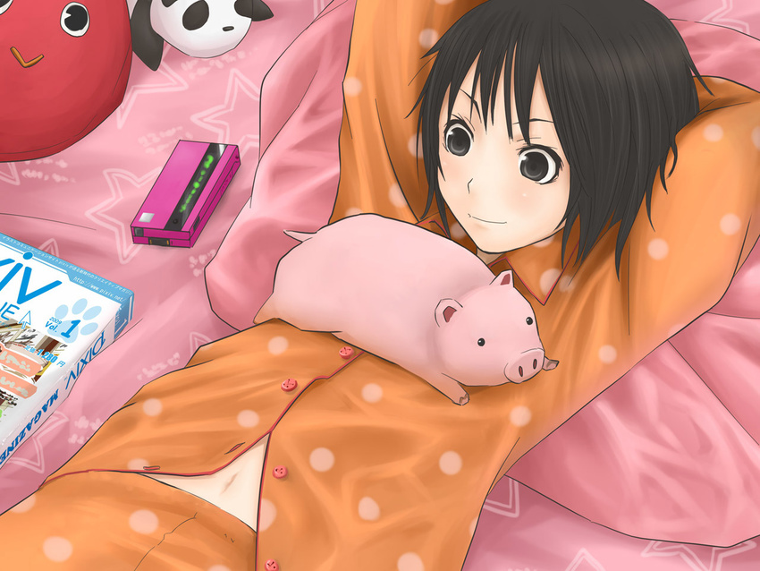 arms_behind_head bad_id bad_pixiv_id bed black_eyes black_hair lying navel okiru original pajamas pig pixiv short_hair smile solo