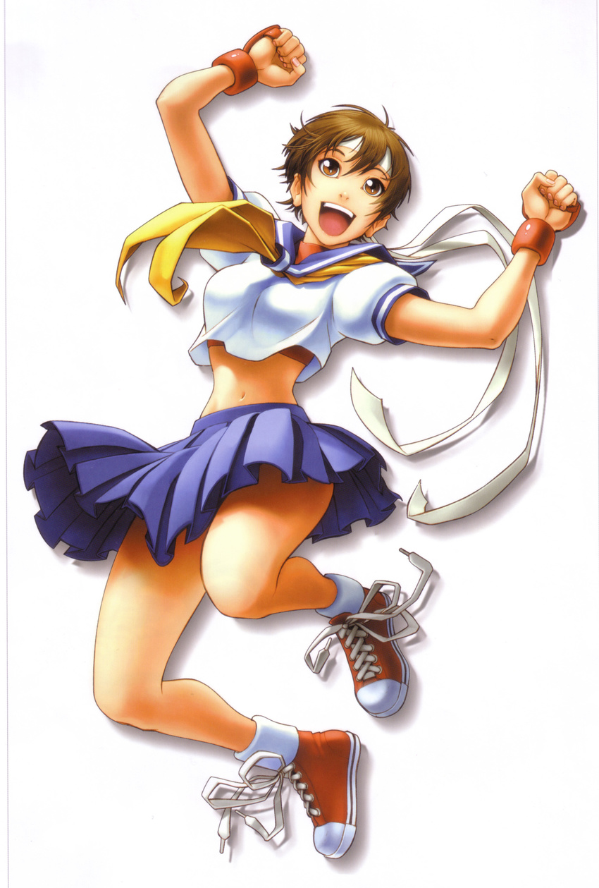 absurdres blue_sailor_collar brown_eyes brown_hair comic converse cover cover_page derivative_work headband highres kasugano_sakura midriff navel omar_dogan open_mouth sailor_collar sakura_ganbaru! scan school_uniform shoes short_hair sneakers solo street_fighter street_fighter_zero_(series) udon_entertainment