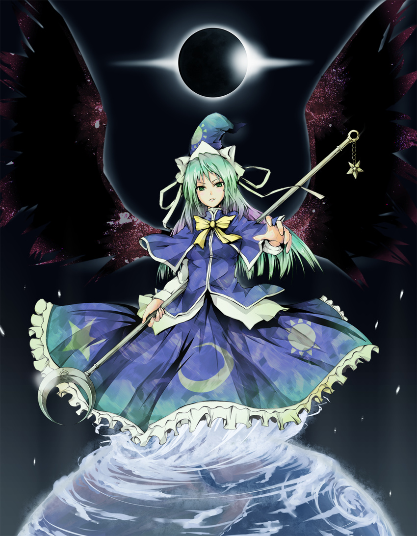 crost dress earth eclipse giantess green_eyes green_hair hat highres mima solar_eclipse solo staff touhou wings wizard_hat