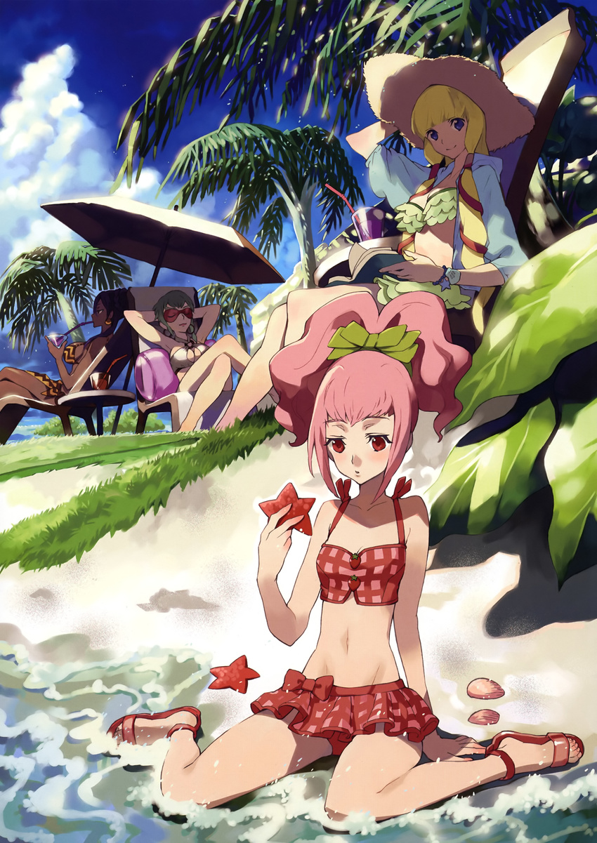 absurdres anya_alstreim bikini code_geass crossed_legs day dorothea_ernst drink hat highres kishiwada_robin midriff monica_kruszewski multiple_girls nonette_enneagram sitting starfish sunglasses swimsuit wariza