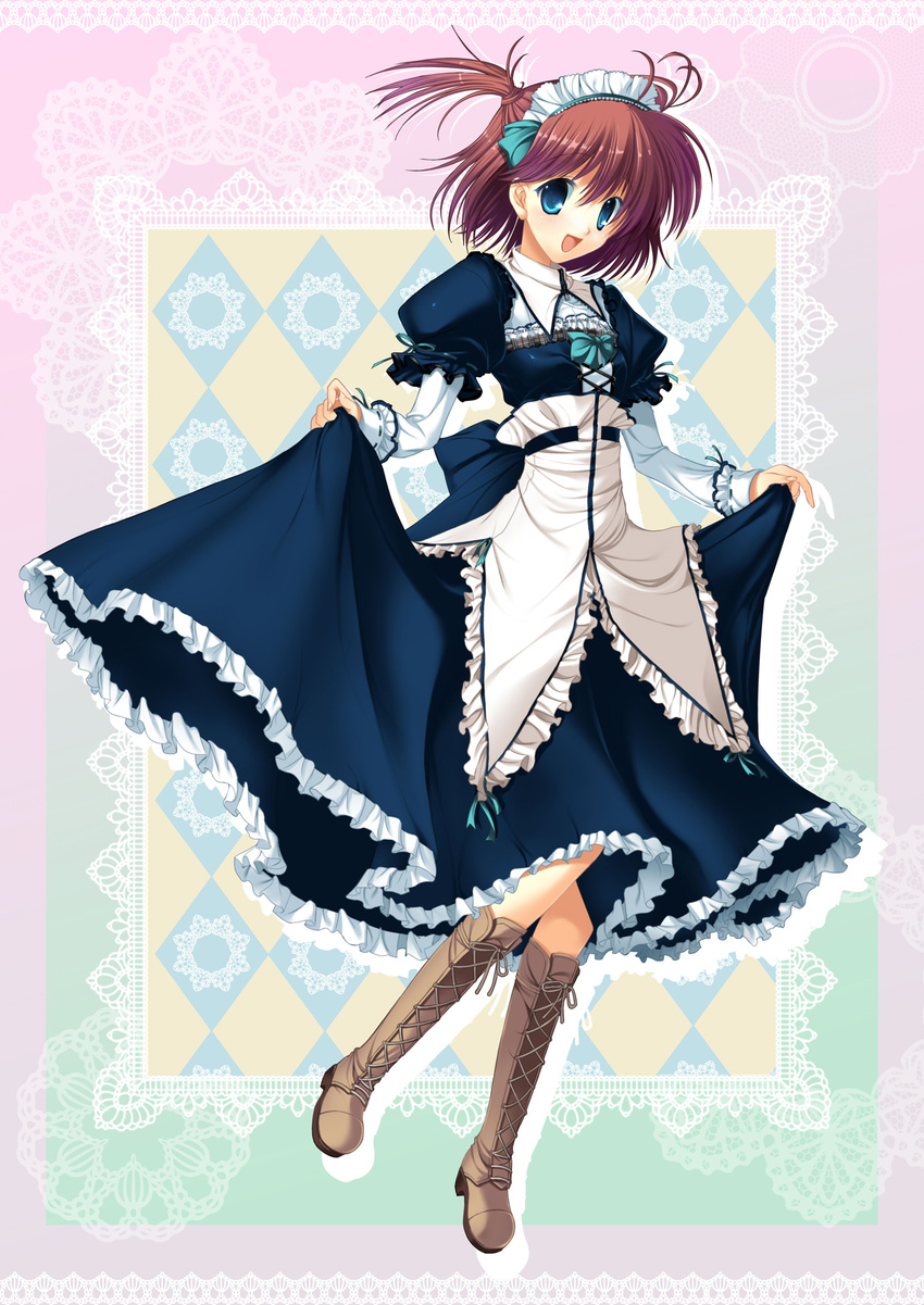 :d aqua_bow bad_id bad_pixiv_id blue_dress blue_eyes boots border bow breasts brown_footwear corset cross-laced_clothes cross-laced_footwear dress full_body futaori_arisa high_heel_boots high_heels highres jumping knee_boots lace-up_boots long_sleeves looking_at_viewer maid_headdress open_mouth original puffy_short_sleeves puffy_sleeves red_hair short_hair short_over_long_sleeves short_sleeves silhouette skirt_hold small_breasts smile solo two_side_up
