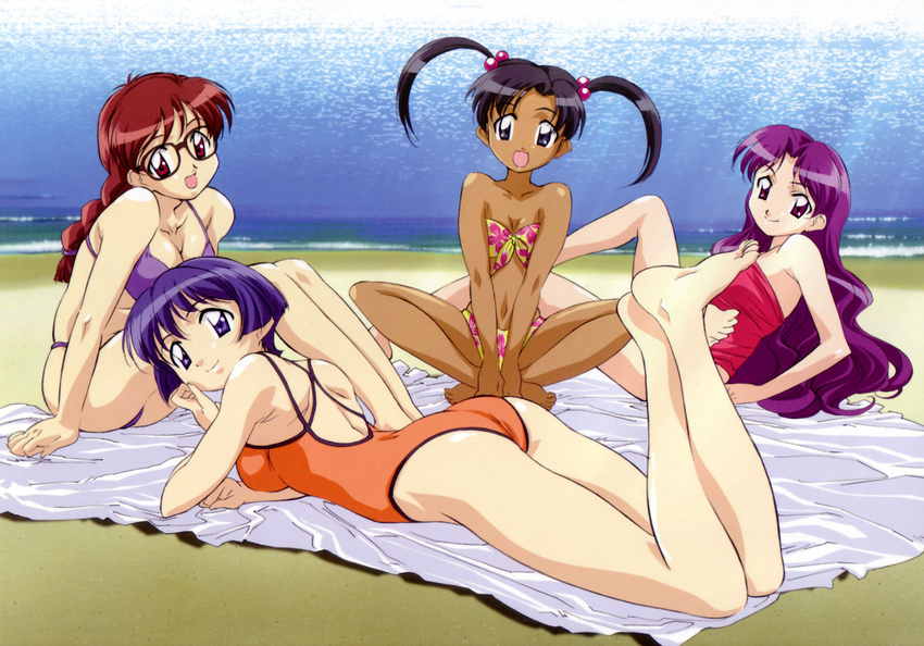 ai_yori_aoshi ass barefoot beach bikini black_hair blue_eyes blue_hair braid breasts casual_one-piece_swimsuit dark_skin fumizuki_kou glasses legs long_hair long_legs lying medium_breasts minazuki_chika minazuki_taeko miyuki_mayu multiple_girls on_stomach one-piece_swimsuit purple_hair red_eyes red_hair sakuraba_aoi short_hair soles swimsuit twintails