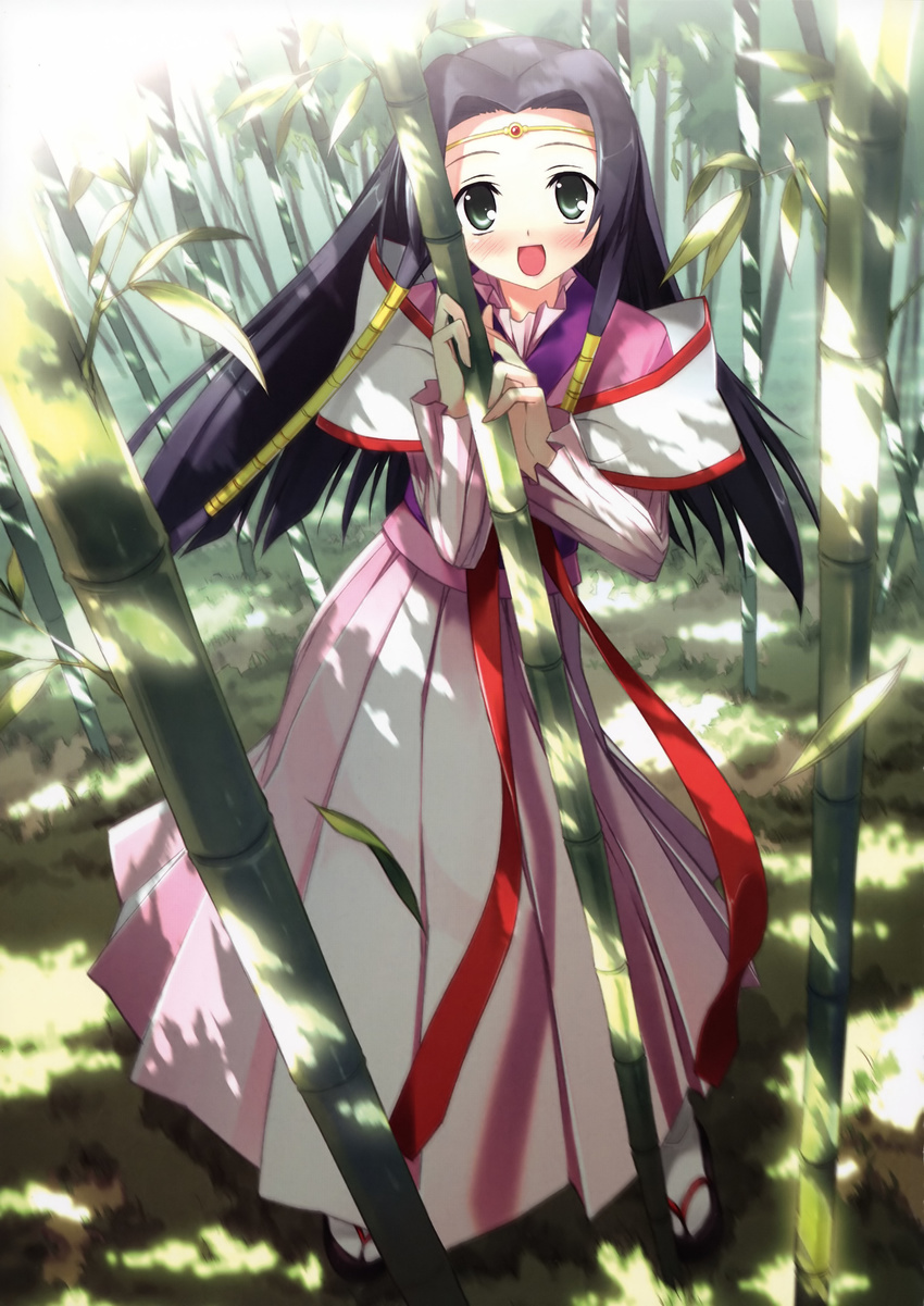 absurdres bamboo bamboo_forest black_hair blush code_geass forest green_eyes highres japanese_clothes kantoku long_hair nature open_mouth solo sumeragi_kaguya