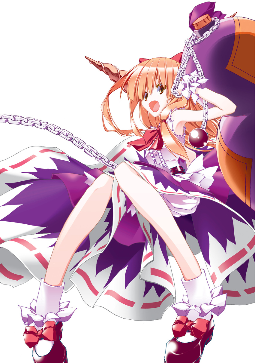 bare_legs blonde_hair bow chain gourd hair_bow highres horns ibuki_suika knees_together_feet_apart long_hair looking_at_viewer nonohara_nyorai open_mouth red_bow ribbon-trimmed_skirt ribbon_trim shoe_bow shoes simple_background skirt smile socks solo touhou very_long_hair white_background white_legwear wrist_cuffs yellow_eyes