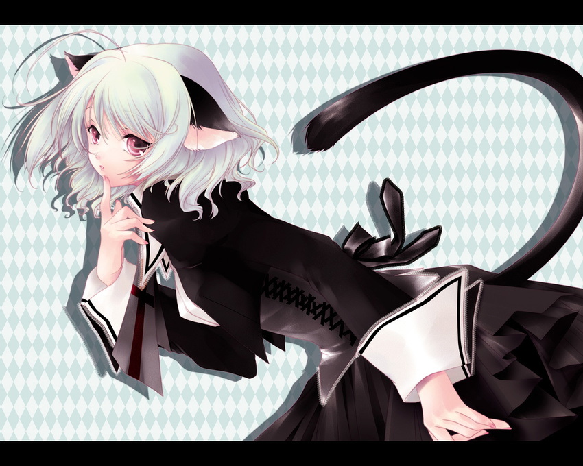 animal_ears copyright_request mogami_rio nail_polish pink_nails red_eyes school_uniform solo tail wallpaper white_hair