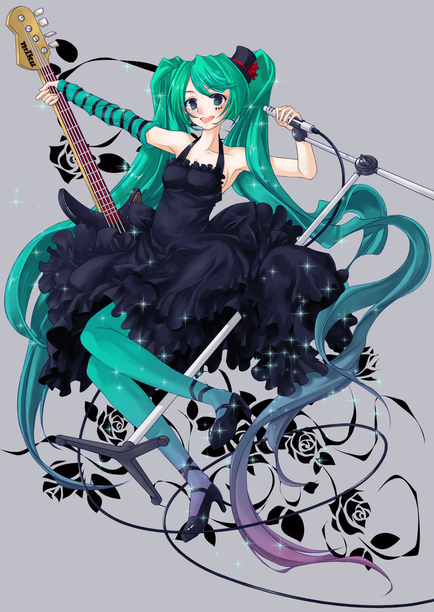 absurdres akiyama_mio akiyama_mio_(cosplay) bad_id bad_pixiv_id bass_guitar blue_legwear cosplay don't_say_"lazy" dress facepaint fingerless_gloves gloves green_eyes green_hair hat hatsune_miku highres instrument k-on! lilithbloody long_hair microphone microphone_stand mini_hat mini_top_hat pantyhose solo top_hat twintails vocaloid