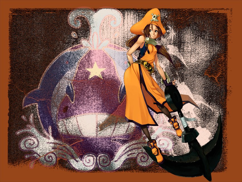 anchor belt boots brown_eyes brown_hair buckle fingerless_gloves gloves guilty_gear hat may_(guilty_gear) orange_hat orange_shirt pantyhose pirate pirate_hat shirt shuuei skull_and_crossbones smile solo star whale