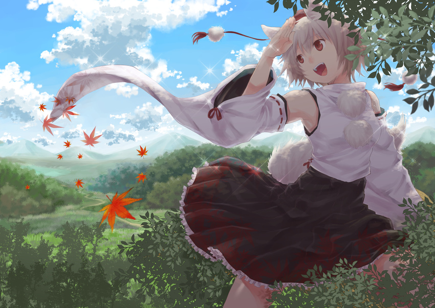animal_ears armpits blue_sky bush cloud cowboy_shot day detached_sleeves forest grass hand_to_forehead hat highres inubashiri_momiji leaf looking_away maple_leaf mountain mystral nature open_mouth outdoors path pom_pom_(clothes) red_eyes road scenery shade short_hair skirt sky solo sparkle tail teeth tokin_hat touhou white_hair wolf_ears wolf_tail