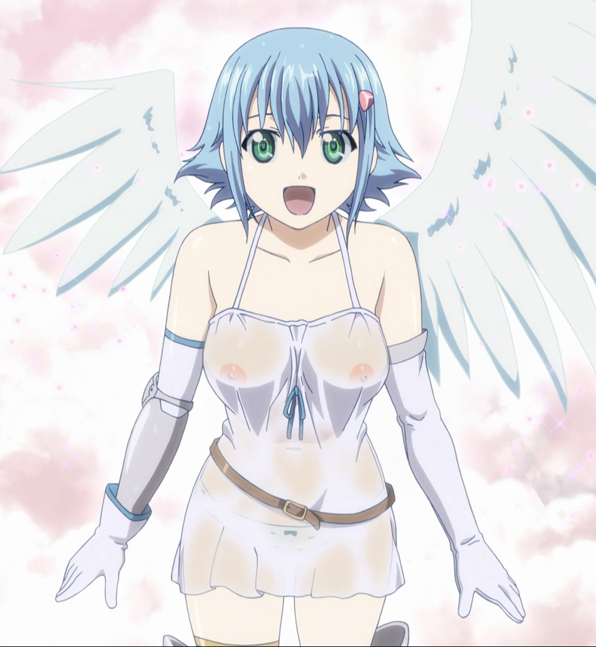 1girl angel blue_hair breasts green_eyes highres nanael nipples no_bra open_mouth panties queen's_blade queen's_blade screencap see-through short_hair smile solo standing stitched transparent underwear wings