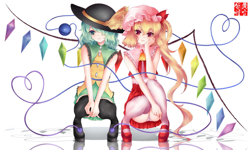 bad_id bad_pixiv_id blonde_hair bow dclockwork flandre_scarlet green_eyes green_hair hair_over_one_eye hat hat_bow heart heart_of_string komeiji_koishi multiple_girls red_eyes side_ponytail skirt smile thighhighs third_eye touhou wings