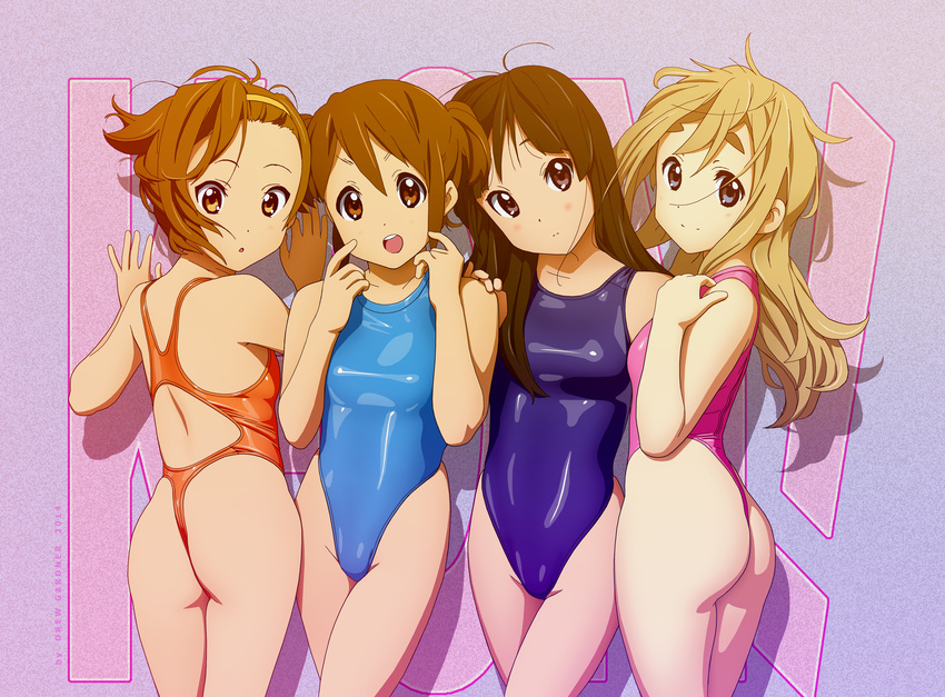 4girls absurdres akiyama_mio ass black_eyes black_hair blonde_hair blue_eyes brown_eyes brown_hair competition_swimsuit drew_gardner drewgardner eyebrows hairband highleg highleg_swimsuit highres hirasawa_yui k-on! kotobuki_tsumugi long_hair multiple_girls one-piece_swimsuit one-piece_thong purple_eyes shiny shiny_clothes short_hair swimsuit tainaka_ritsu thick_eyebrows twintails