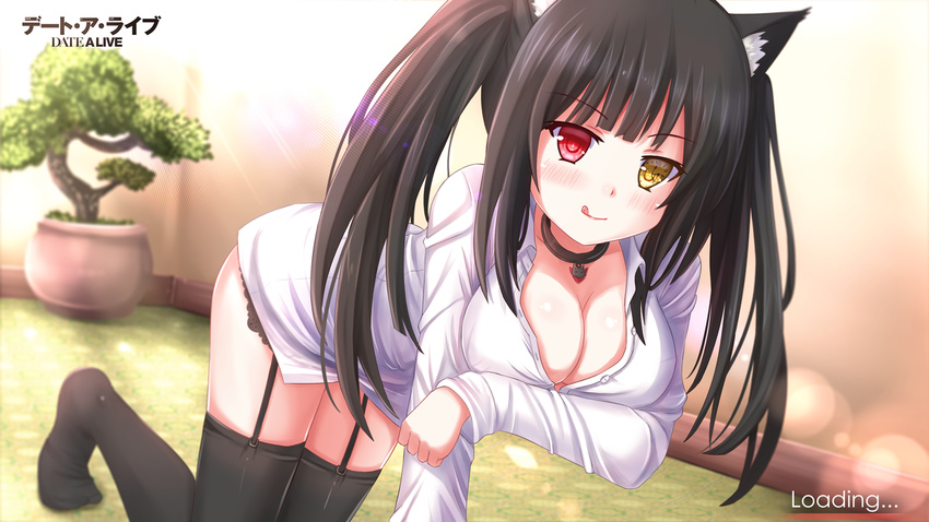 :q all_fours animal_ears black_hair blurry blush breasts cat cat_ears cleavage clock_eyes collar copyright_name date_a_live depth_of_field garter_straps heterochromia highres kazenokaze kemonomimi_mode large_breasts lens_flare loading_screen long_hair looking_at_viewer nichijou no_tail red_eyes sakamoto_(nichijou) smile solo symbol-shaped_pupils thighhighs tokisaki_kurumi tongue tongue_out twintails yellow_eyes