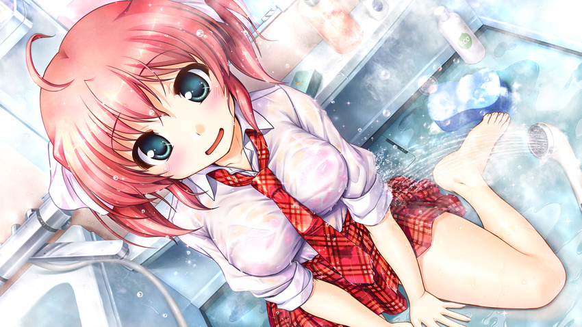 august bekkankou brown_hair daitoshokan_no_hitsujikai game_cg kodachi_nagi see_through seifuku short_hair skirt tie twintails water wet