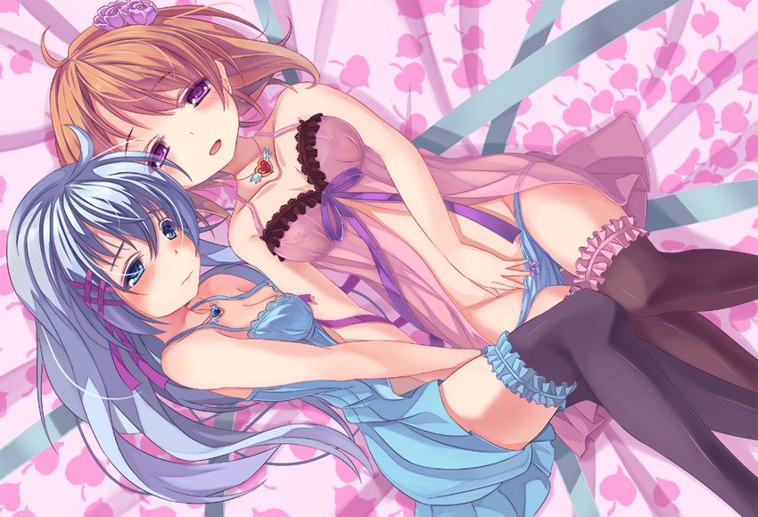 2girls bed blue_eyes blue_hair blush brown_hair dress garter gochuumon_wa_usagi_desu_ka? hoto_kokoa kafuu_chino long_hair necklace panties pink_eyes thighhighs underwear youxuemingdie