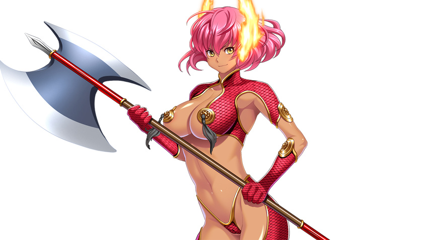 1girl 3ping_lovers!_ippu_nisai_no_sekai_e_youkoso breasts character_request cleavage fire game_cg gloves hadashi_shoujo highres hinasaki ino large_breasts legs looking_at_viewer navel pink_hair sakagami_umi short_hair simple_background smile solo source_request standing thighs transparent_background weapon yellow_eyes