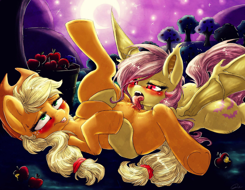 apple apple_tree applejack_(mlp) bat_pony blonde_hair blush bucket cowboy_hat cunnilingus cutie_mark dimwitdog duo equine female feral flutterbat_(mlp) fluttershy_(mlp) freckles friendship_is_magic fruit fur green_eyes hair hat hi_res horse lesbian long_hair lying mammal moon my_little_pony on_back on_front oral oral_sex orange_fur outside pink_hair pony pussy red_eyes sex spread_legs spreading tongue tongue_out tree vaginal wings yellow_fur