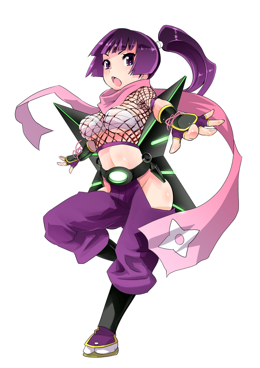 absurdres breasts character_request dungeons_&amp;_princess fishnets greaves highres huge_weapon kunai long_hair medium_breasts ninja ponytail purple_eyes purple_hair sarashi scarf shuriken skindentation solo tabi takashi_moritaka underboob weapon