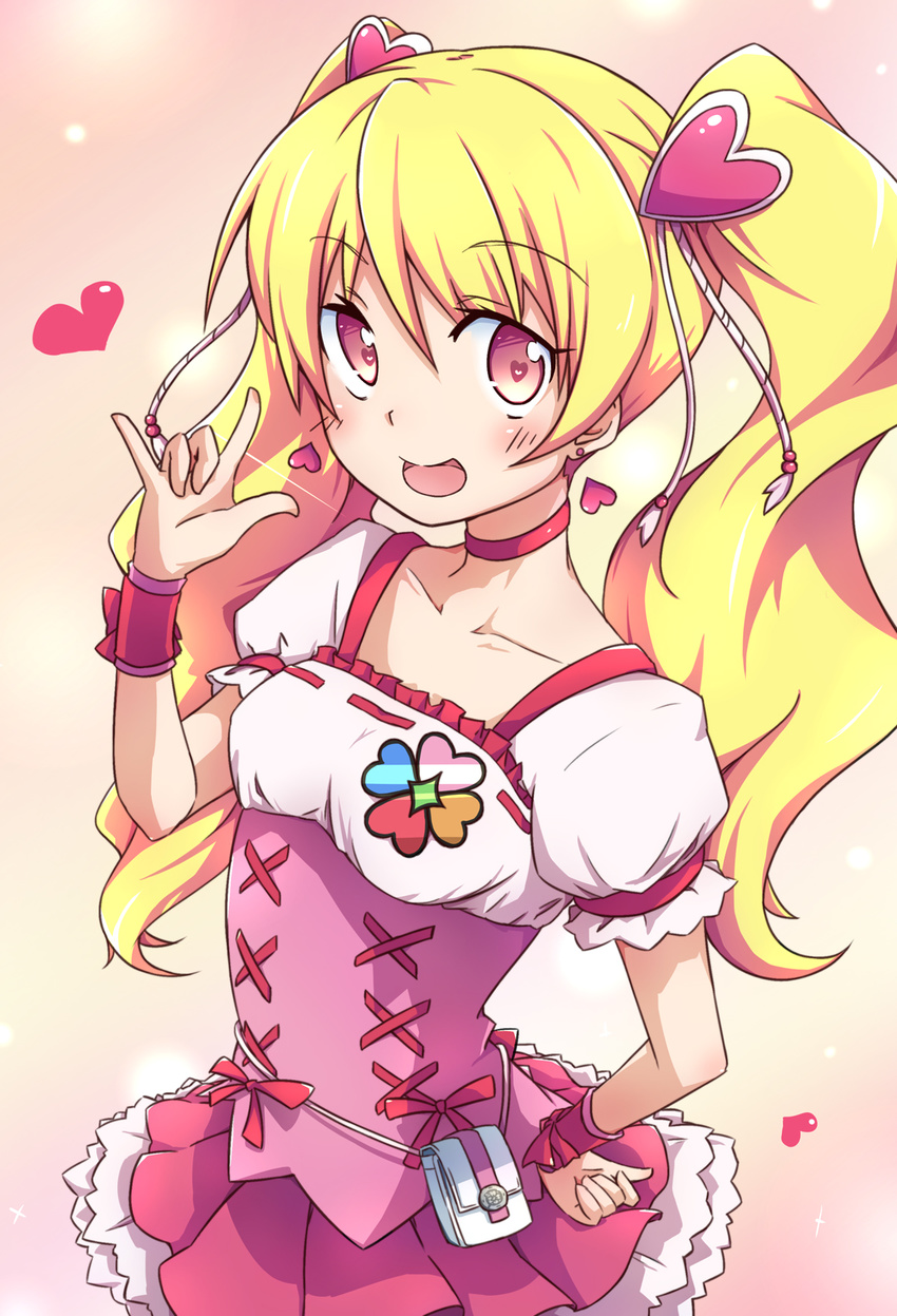 blonde_hair blush bow choker cure_peach dress earrings eyelashes fresh_precure! hair_ornament happy heart heart_hair_ornament highres jewelry kirimochi long_hair looking_at_viewer magical_girl momozono_love open_mouth pink_bow pink_choker pink_dress pink_eyes precure smile solo standing twintails wrist_cuffs