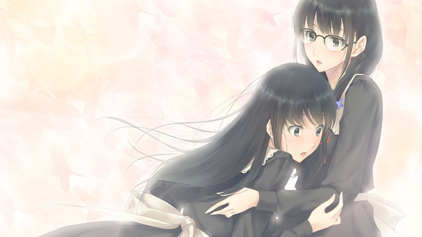 2girls black_hair flowers_(game) game_cg glasses hanabishi_rikka hug innocent_grey seifuku shirahane_suou sugina_miki