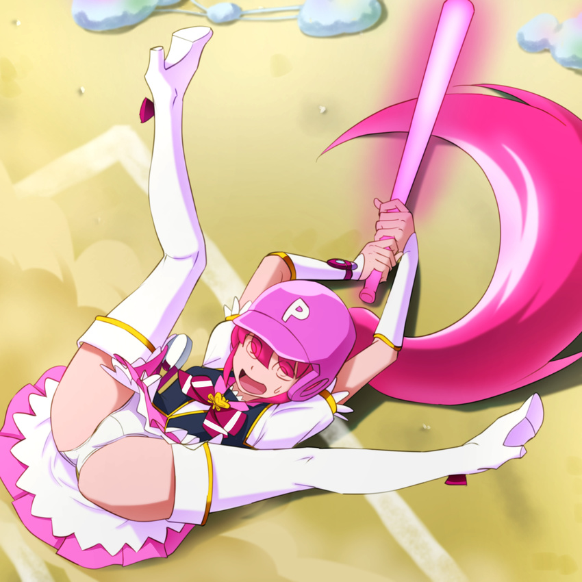 @_@ aino_megumi arms_up bad_id bad_pixiv_id baseball_bat baseball_helmet boots bow cure_lovely happinesscharge_precure! helmet high_heels highres long_hair lying magical_girl mont_blanc_(heartcatch_ayaya) on_back open_mouth panties pink_bow pink_hair ponytail precure solo spread_legs thigh_boots thighhighs underwear white_legwear white_panties wide_ponytail
