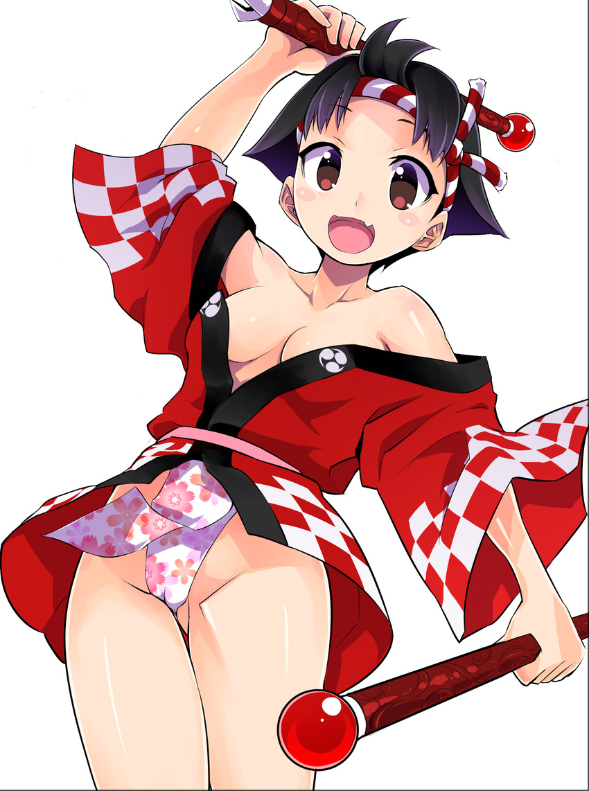 absurdres black_hair blush_stickers breasts cameltoe character_request dual_wielding dungeons_&amp;_princess fang floral_print fundoshi hachimaki headband highres holding japanese_clothes kimono nejiri_hachimaki no_bra off_shoulder red_eyes red_kimono short_hair small_breasts solo stick takashi_moritaka yamakasa yukata