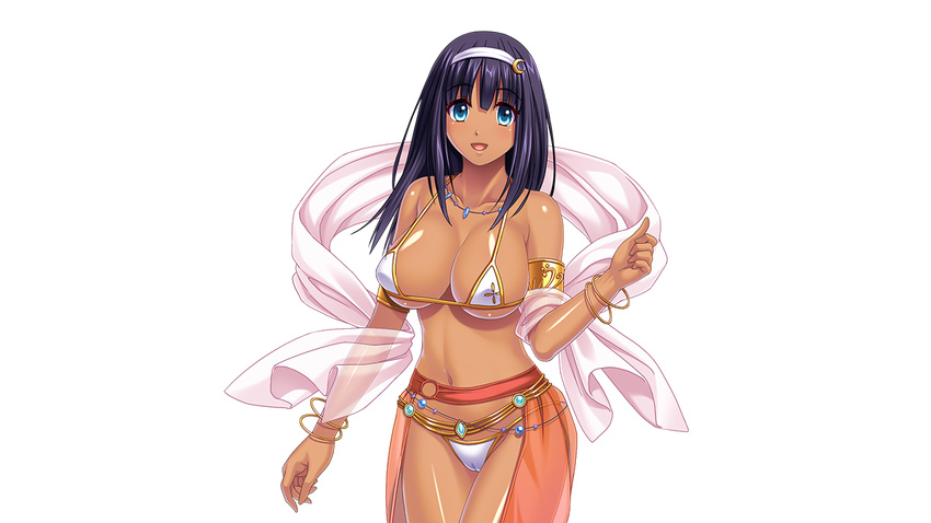 1girl 3ping_lovers!_ippu_nisai_no_sekai_e_youkoso bare_shoulders bikini_top blue_eyes bracelet breasts cameltoe dark_skin game_cg hadashi_shoujo highres hinasaki ino jewelry large_breasts legs lolo_eduard long_hair looking_at_viewer navel open_mouth purple_hair sakagami_umi simple_background smile solo source_request standing thighs transparent_background