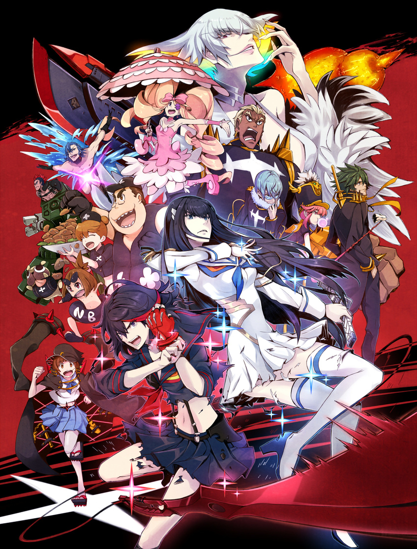 bow croquette everyone eyepatch food gamagoori_ira gloves guts_(kill_la_kill) harime_nui hat highres inumuta_houka jakuzure_nonon junketsu kill_la_kill kinagase_tsumugu kiryuuin_ragyou kiryuuin_satsuki mankanshoku_barazou mankanshoku_mako mankanshoku_matarou mankanshoku_sukuyo matoi_ryuuko mikisugi_aikurou multicolored_hair multiple_boys multiple_girls pink_bow pokimari sanageyama_uzu school_uniform scissor_blade senketsu serafuku single_glove sword weapon