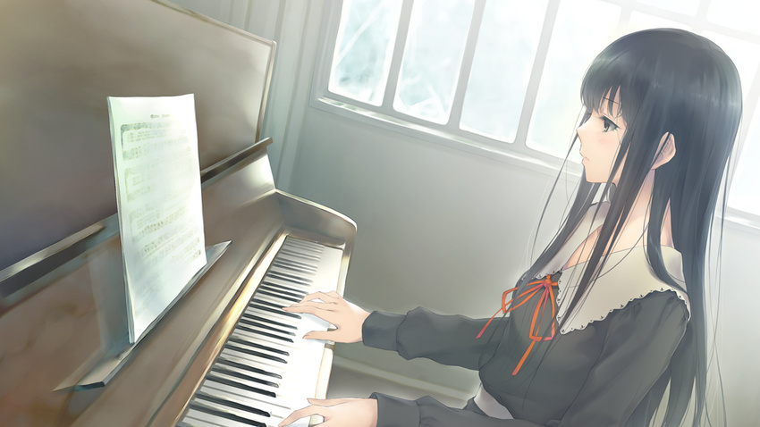 black_hair flowers_(game) game_cg innocent_grey instrument long_hair piano ribbons seifuku shirahane_suou sugina_miki