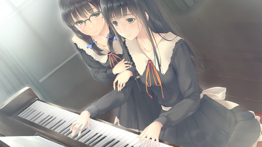 2girls flowers_(game) game_cg glasses innocent_grey instrument piano ribbons shirahane_suou sugina_miki