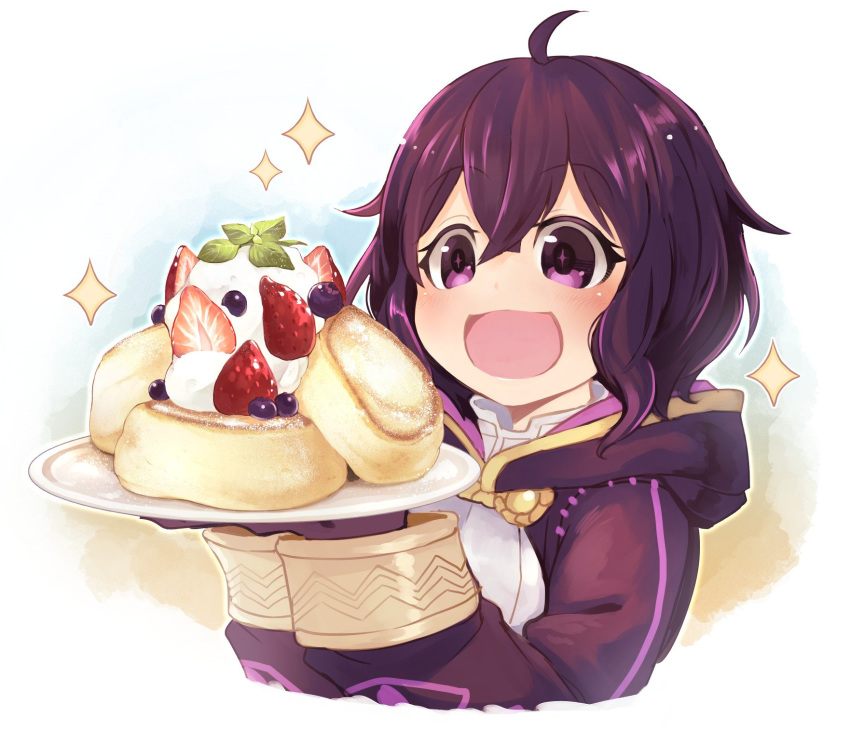 1girl black_hair fire_emblem fire_emblem:_kakusei food fruit gloves highres holding holding_plate hood hood_down long_sleeves mark_(female)_(fire_emblem) mark_(fire_emblem) nakabayashi_zun nintendo open_mouth plate purple_eyes short_hair simple_background solo strawberry white_background