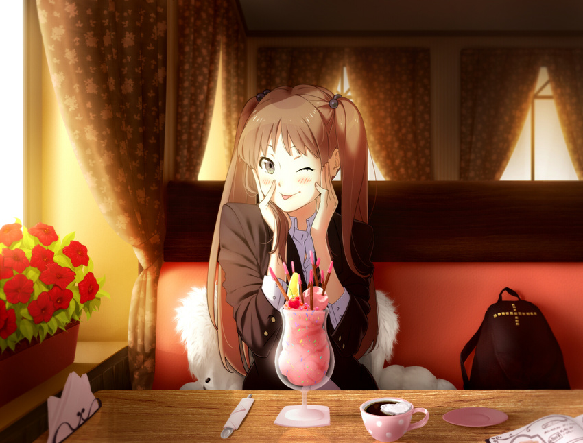 :p aconitea backlighting backpack bad_id bad_pixiv_id bag blazer blonde_hair blurry blush booth cup curtains depth_of_field flower food fur fur_coat fur_trim grey_eyes hair_bobbles hair_ornament hands_on_own_face highres holding holding_hair ice_cream jacket long_hair looking_at_viewer menu napkin okamoto_miyu one_eye_closed pocky pov_across_table pov_dating saucer school_uniform seat shirt spoon sundae table tongue tongue_out twintails wake_up_girls! white_shirt
