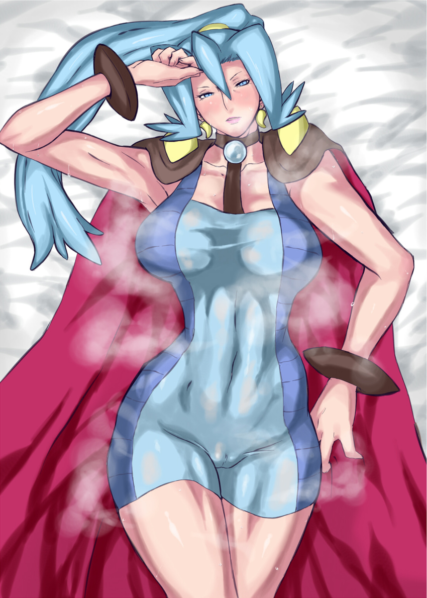 1girl arm_up armpits bed blue_eyes blue_hair bodysuit boots breasts cameltoe cape collarbone earrings gloves gym_leader hips ibuki_(pokemon) jewelry knee_boots kneepits large_breasts legs long_hair looking_back lying nintendo on_back pokemon pokemon_(game) pokemon_gsc pokemon_hgss ponytail shiny shoulder_pads solo sweat uya_(yurukah) whip wide_hips