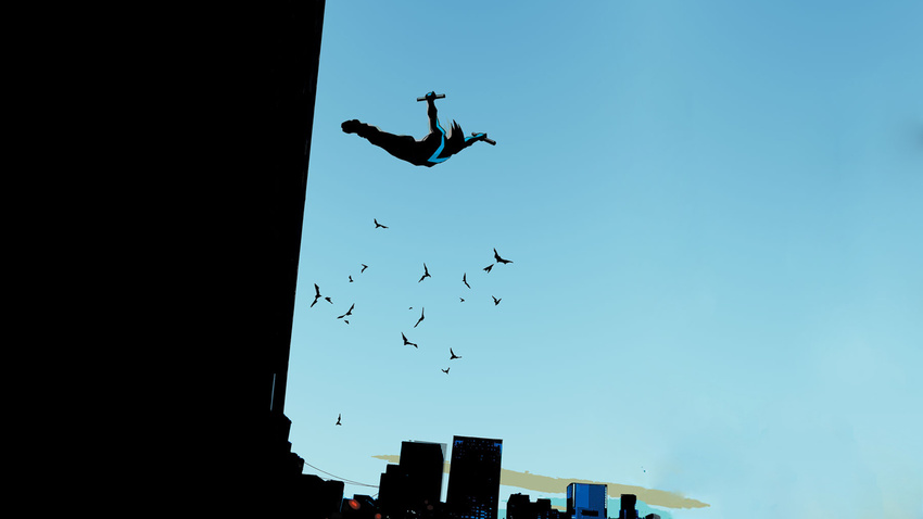 1boy batman_(series) bird building city dc_comics dick_grayson dual_wielding escrima_stick jump jumping male male_focus nightwing silhouette sky solo weapon