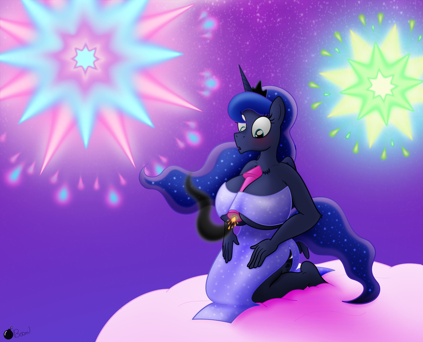 anthro between_breasts big_breasts blue_eyes blue_hair breasts cloud dress equine explosion female fireworks friendship_is_magic hair hi_res horn horse mammal my_little_pony night pony ponyboom princess_luna_(mlp) rocket sky winged_unicorn wings