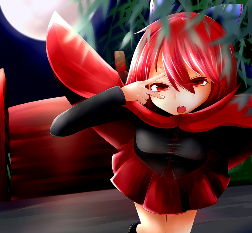 :o blouse blurry bow bridge cape depth_of_field full_moon hair_bow hand_on_own_face kaisenpurin leaning_forward light_trail long_sleeves looking_at_viewer moon night outdoors pleated_skirt red_eyes red_hair red_moon sekibanki short_hair skirt solo touhou v willow
