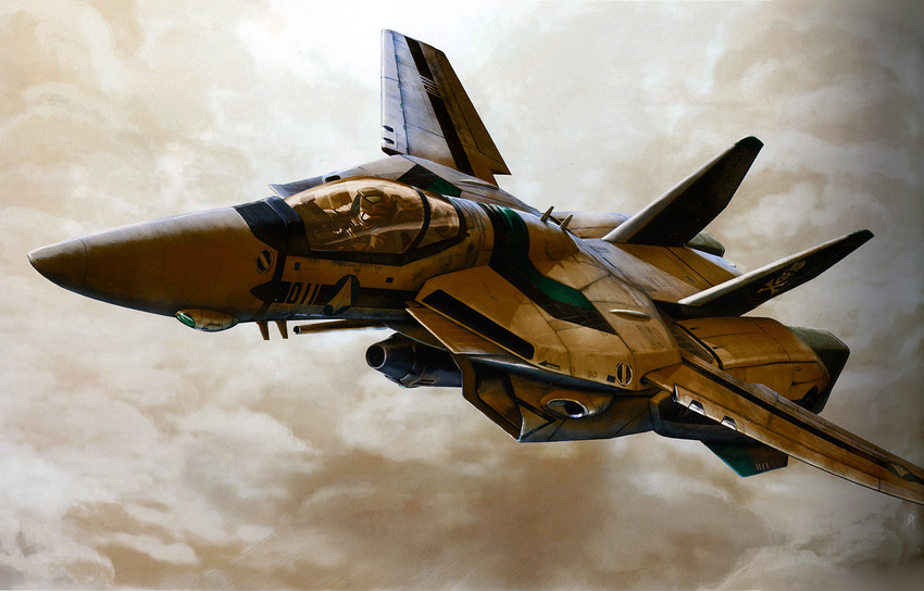 armor choujikuu_yousai_macross cloud cockpit flying gunpod highres kakizaki_hayao macross macross:_do_you_remember_love? mecha official_art pilot_suit promotional_art realistic spacesuit tenjin_hidetaka u.n._spacy variable_fighter vf-1 vf-1a