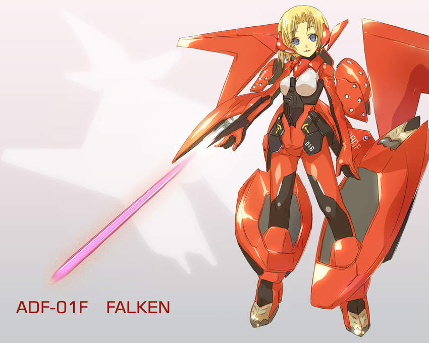 ace_combat adf-01_falken aircraft airplane arm_cannon blonde_hair blue_eyes bodysuit breasts character_name fighter_jet high_heels jet laser medium_breasts michikusa_(roadksa) military military_vehicle personification weapon