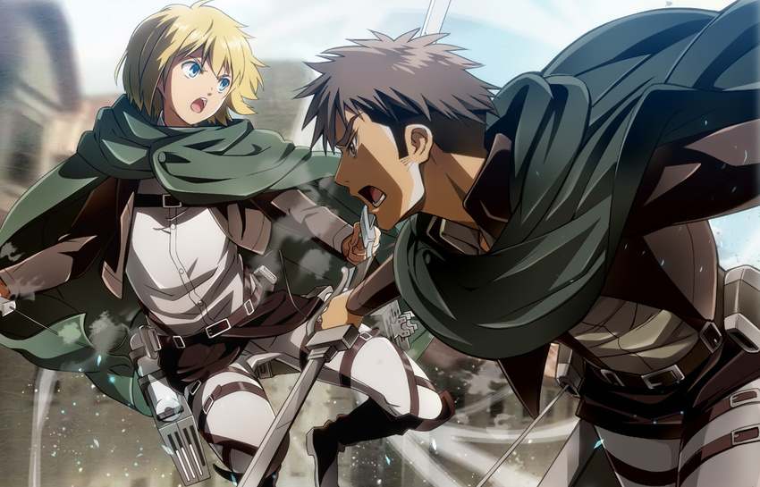 angry armin_arlert blonde_hair blue_eyes boots brown_eyes brown_hair cape jean_kirchstein multiple_boys nyoro_(nyoronyoro000) open_mouth paradis_military_uniform shingeki_no_kyojin teeth three-dimensional_maneuver_gear