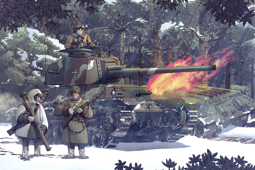 arisaka bolt_action boots cannon caterpillar_tracks coat earasensha fire forest fur_trim gloves ground_vehicle gun handgun imperial_japanese_army male_focus military military_vehicle motor_vehicle multiple_boys nambu_type_14 nature original pistol rifle snow soldier t-34 tank tree type_4_70mm_at_rocket_launcher type_4_chi-to uniform weapon winter_clothes winter_uniform