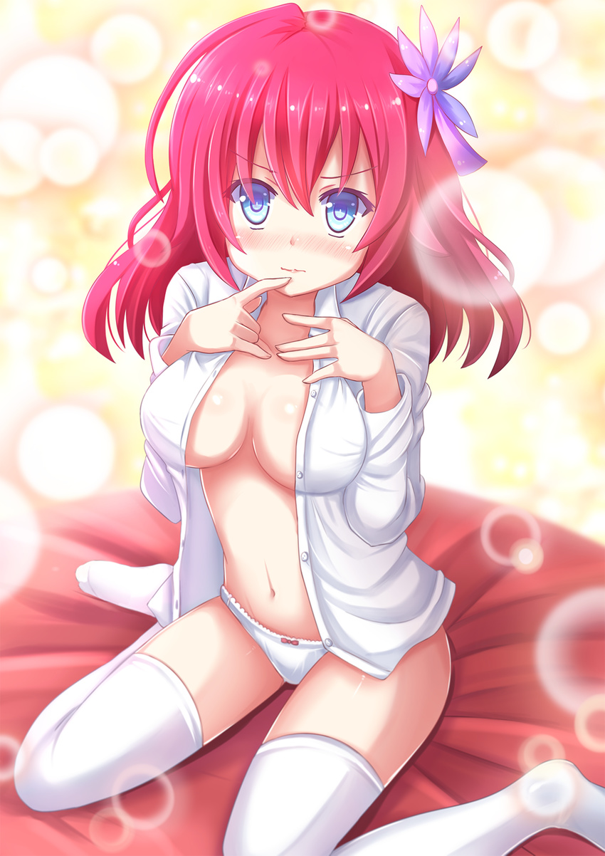 bangs blue_eyes blush bow bow_panties breast_suppress breasts breasts_apart center_opening collarbone cushion finger_to_mouth flower hair_flower hair_ornament highres kazenokaze lace lace-trimmed_panties large_breasts lens_flare lens_flare_abuse long_sleeves looking_at_viewer navel no_bra no_game_no_life no_pants open_clothes open_shirt panties partially_undressed pink_hair shiny shiny_hair shiny_skin shirt short_hair sitting solo stephanie_dora thighhighs unbuttoned underwear wariza white_legwear white_panties white_shirt