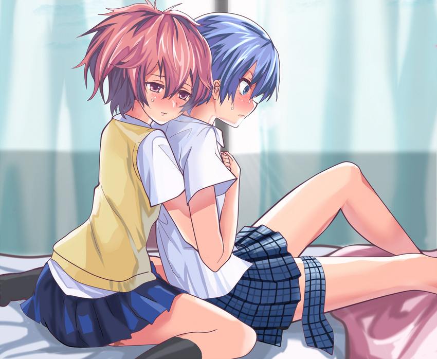 ababarion akuma_no_riddle azuma_tokaku blue_eyes blue_hair blush ichinose_haru multiple_girls necktie plaid plaid_skirt red_eyes red_hair school_uniform short_hair skirt sweater_vest twintails yuri