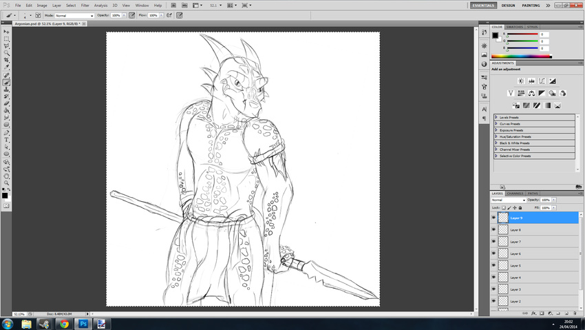 argonian feather horn loincloth male monochrome polearm reptile scalie sketch smile solo spear standing the_elder_scrolls veggie55 video_games